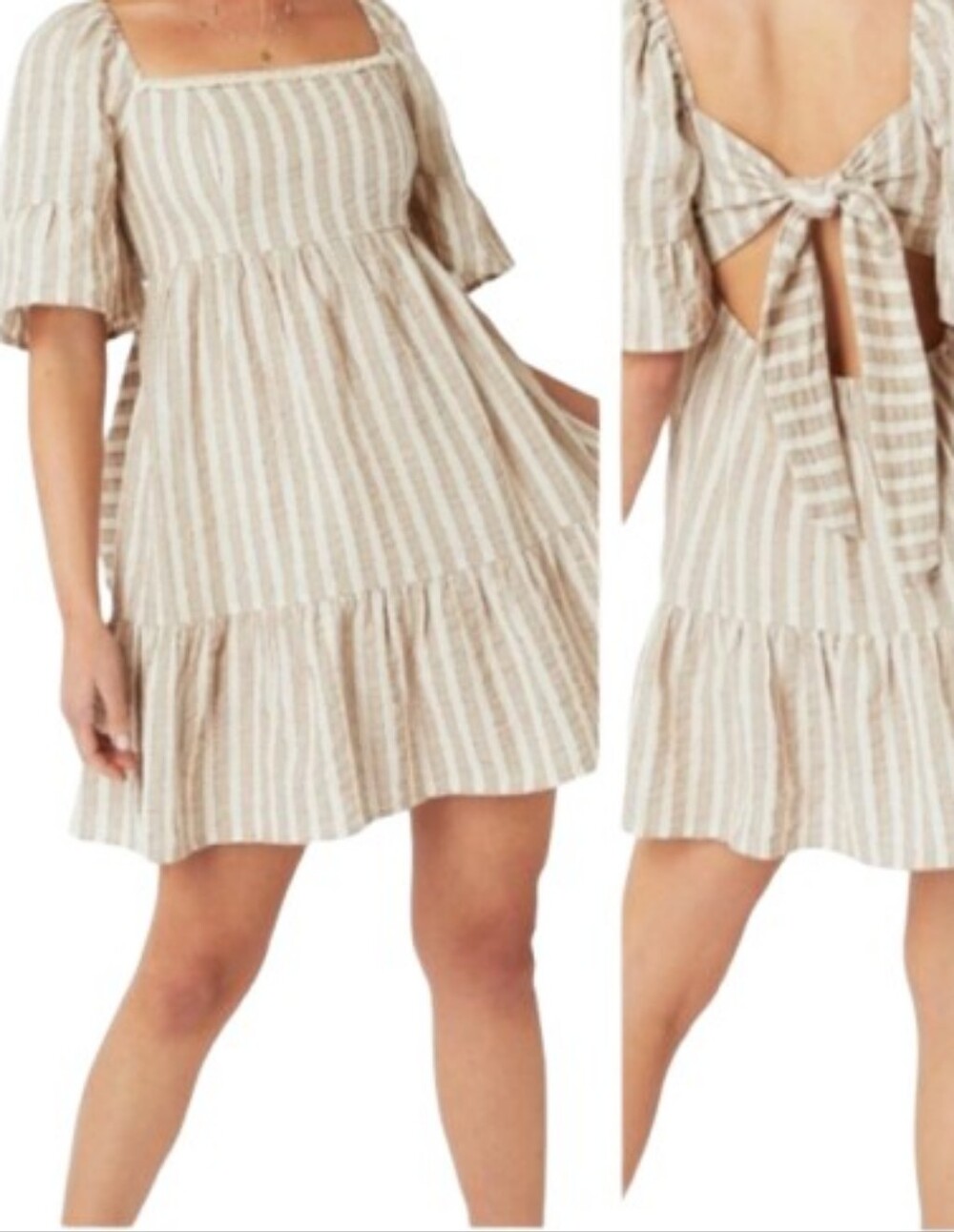 MINKPINK Anne Mini Dress Neutral Striped Puff Sleeve Open Back Linen Blend Sz M